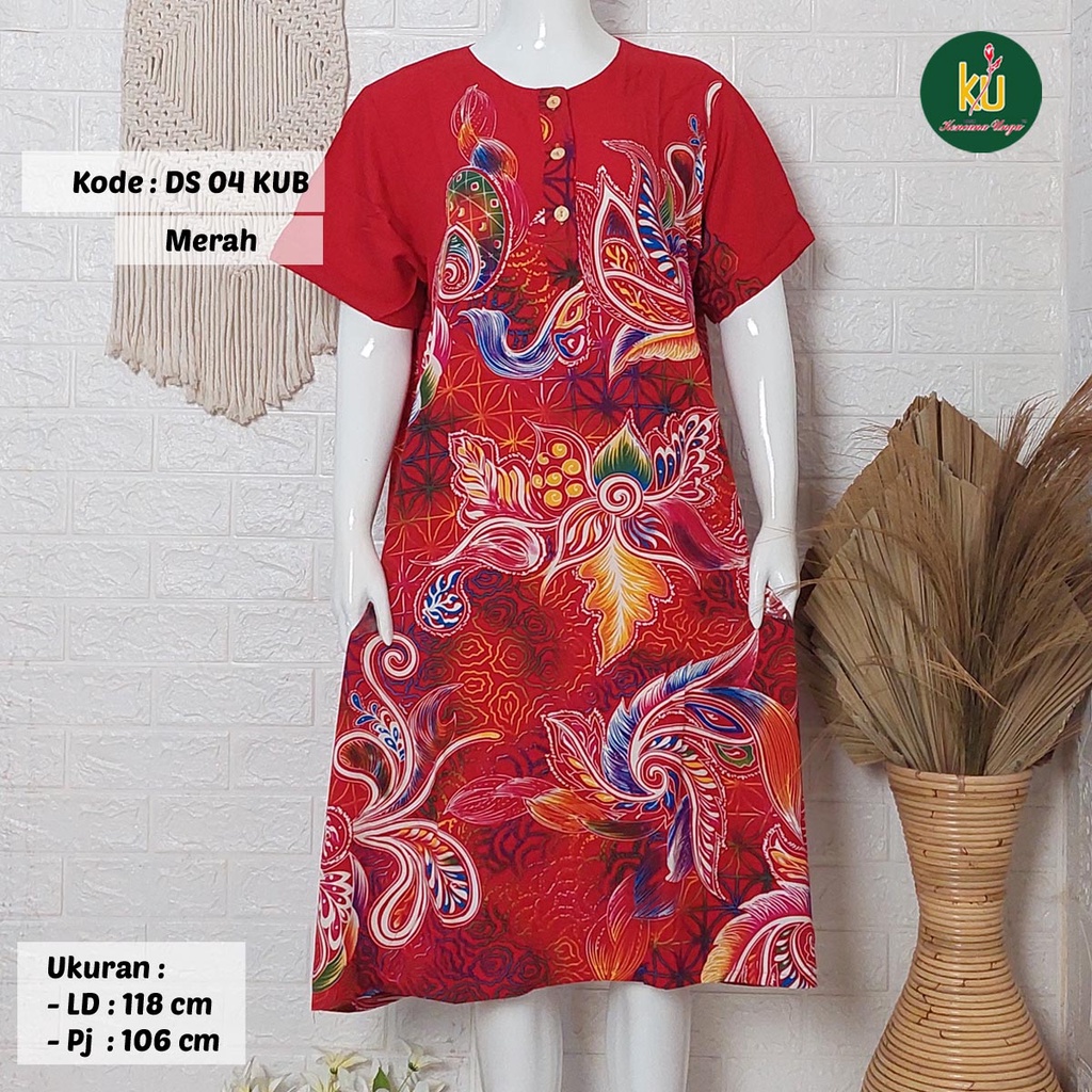 COD DS04 KUB | Daster Batik Kencana Ungu Asli Label Biru Uk. Jumbo LD 120 cm | Baju Santai Tidur Wanita Dewasa Kancing Depan Busui Friendly Motif Terbaru-Merah H