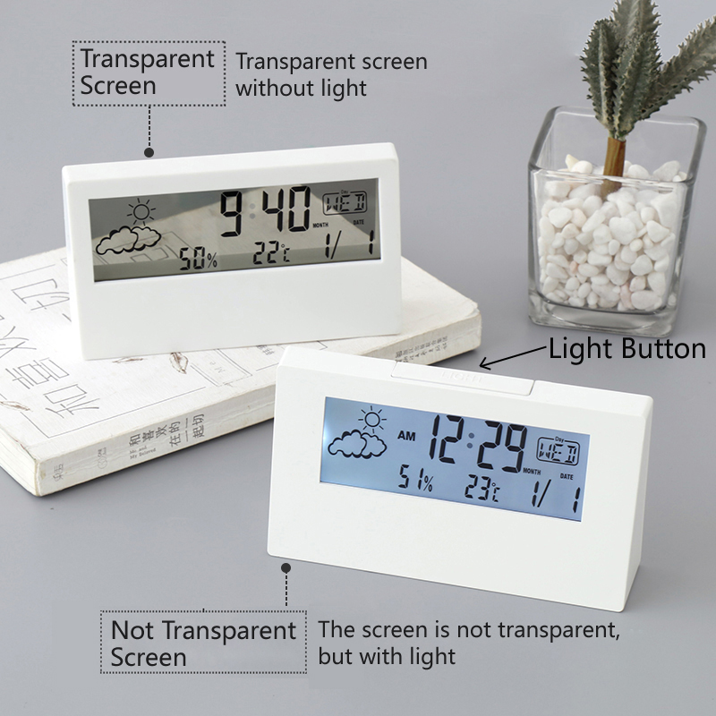 Korean Simple Transparent Desktop Alarm Clock Timer Bedroom Dormitory Multifunctional Weather Electronic Clock with Light