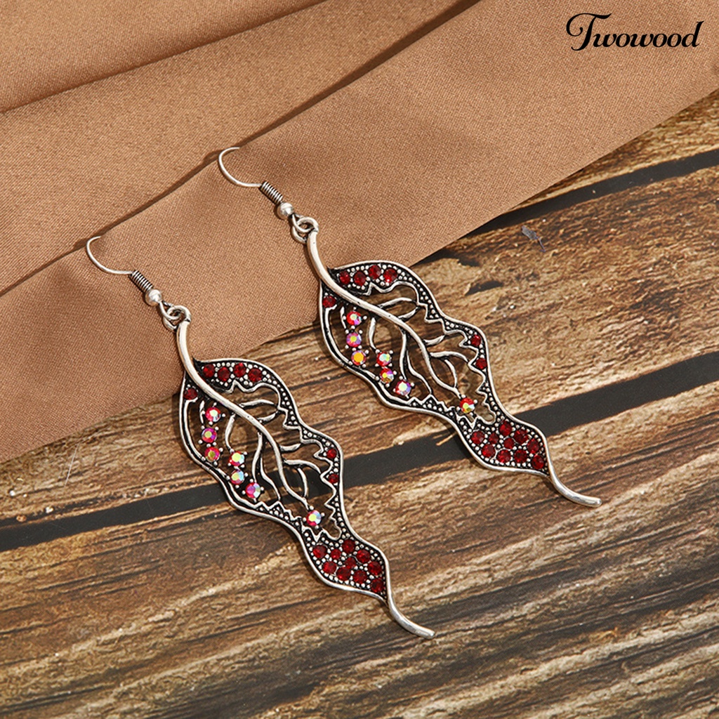 Twowood 1 Pair Hook Earrings Leaf Colored Rhinestones Jewelry Electroplated Long Lasting Drop Earrings for Wedding