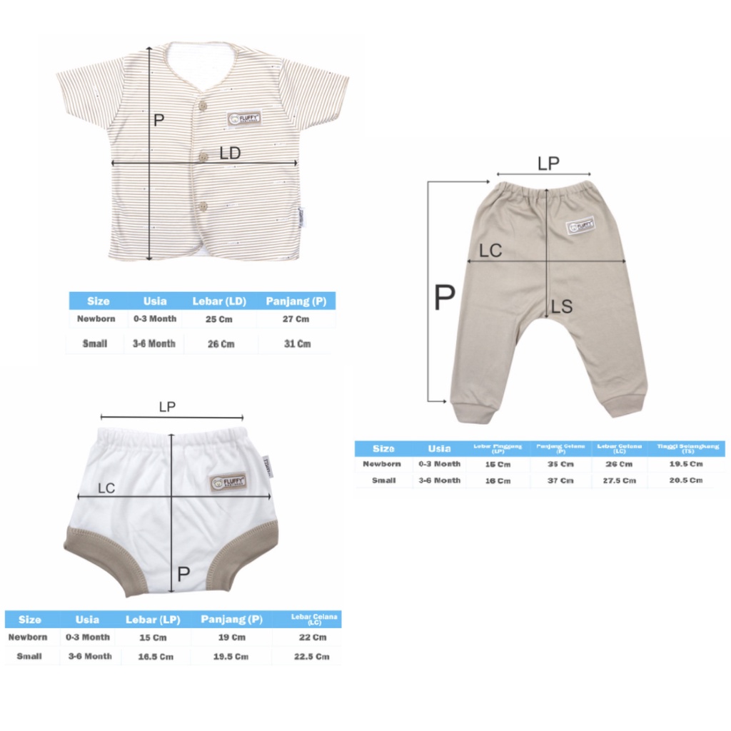 FLUFFY 3 Stelan Pendek Panjang Neci Motif Mix ( Abu | Khaki | Pink | Biru ) Size 0-3 Bulan (Newborn)