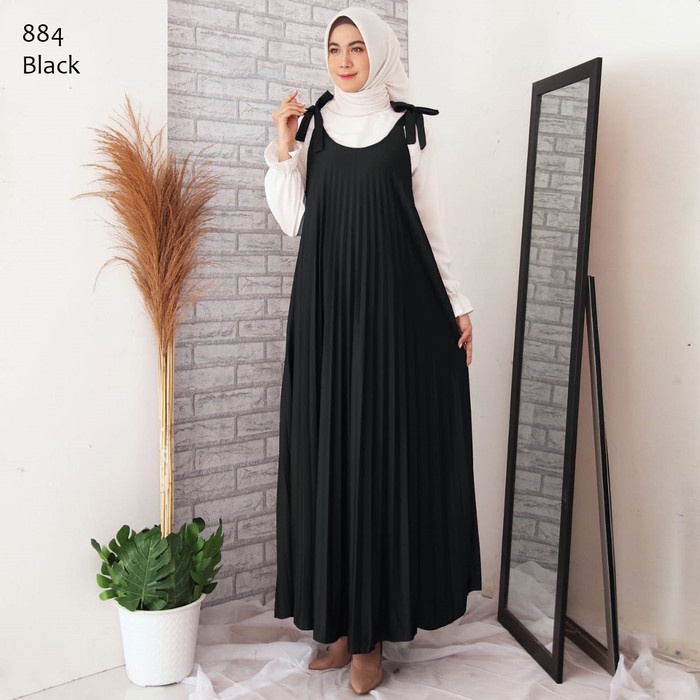 Gamis wanita Baju Gamis Plisket Wanita Tanpa Lengan / Gamis Plisket Overall Kensi - Black putih dewa