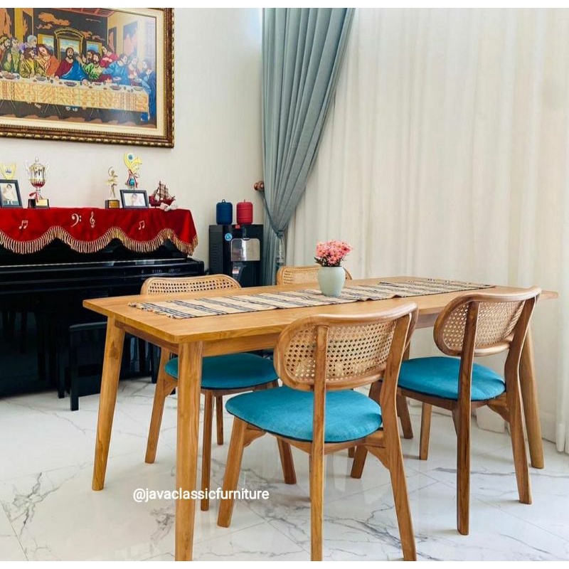 1 SET KURSI MEJA MAKAN UKURAN 140x80x70 DINNING CHAIR ROTAN JOK CAFE RESTORAN MINIMALIS RETRO VINTAGE BAHAN KAYU JATI FINISHING NATURAL FURNITURE JEPARA-2