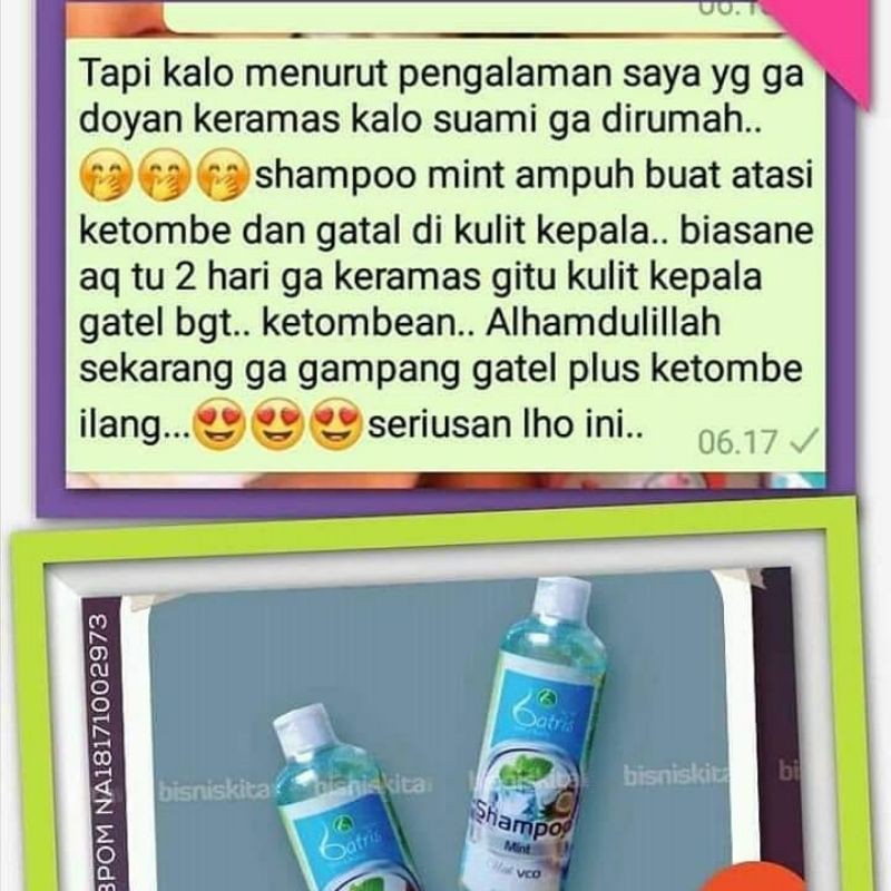 SHAMPO ANTI KETOMBE AMPUH/PENGHILANG KETOMBE AMPUH/ SHAMPO KETOMBE/SHAMPO MINT BATRISYIA HERBAL