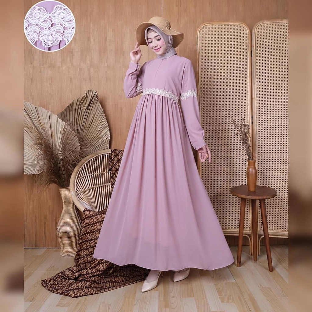 AMANDA DRESS BL Bahan CERUTY BABYDOLL APLIKASI RENDA FULL PURING GAMIS CERUTY TERBARU 2023 LEBARAN WANITA DRESS MAYUNG LEBAR MAXI DRESS LENGAN PANJANG