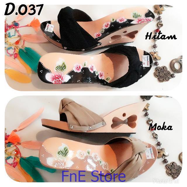 D.037 Kelom Geulis Hak 7 cm / Selop Wanita Wedges / Sendal Wanita Kayu / Selop Pesta