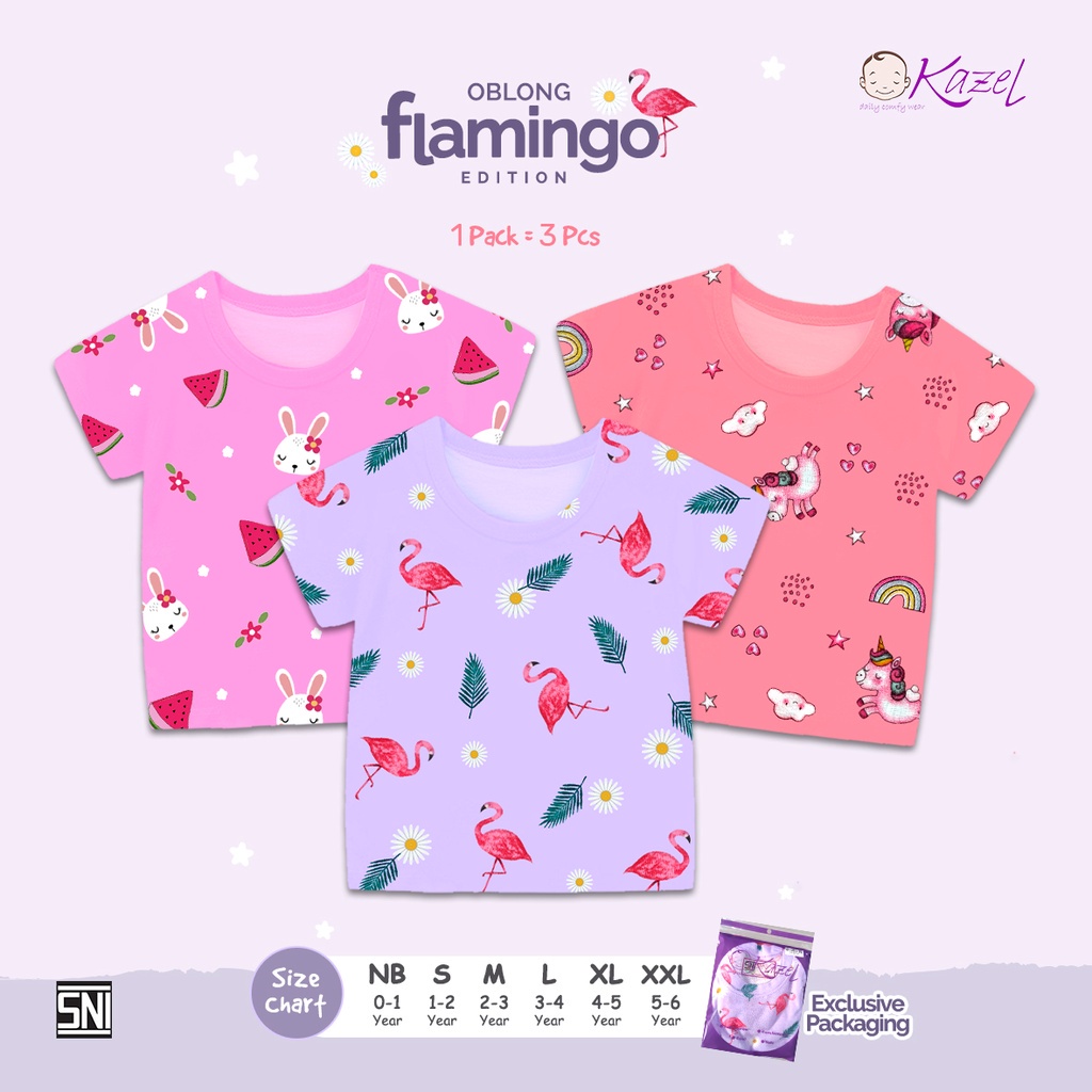 KZL21 KAZEL KAOS OBLONG ANAK PEREMPUAN FLAMINGO | SUMMER 1 PACK ISI 3