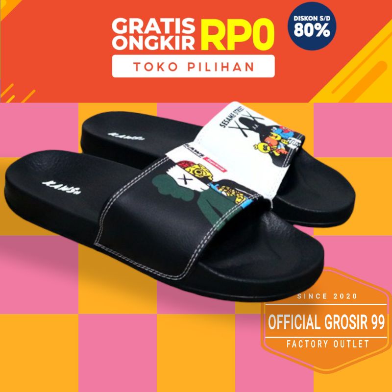 Sendal Kaws x Sesame Street Slide Sport Hitam Sandal Jelly Slop Pria Wanita Import Flip Flop