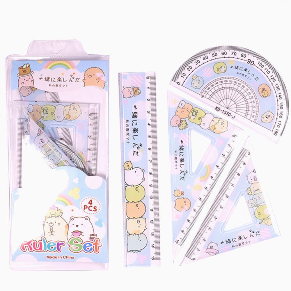 Timekey 4pcs / set Penggaris Segitiga Motif Kartun Lucu Untuk Stationery Anak / Sekolah / Kantor G9O2