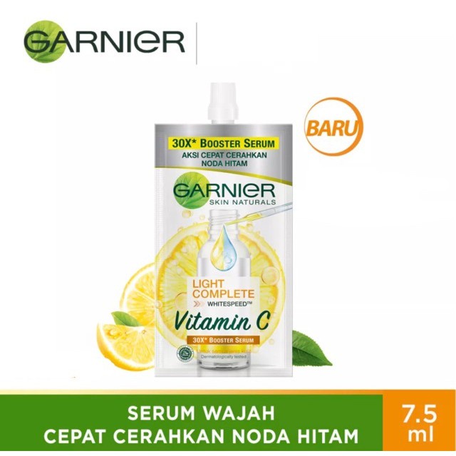 Garnier Light BRIGHT Complete Vitamin C 30x Booster SERUM Wajah (Cerahkan Noda Hitam) - 30 ml / 15 ML / Sachet 7,5 ML - Yuzu Kuning Ukuran Kecil Besar Sacet Saset BPOM Wajah Putih Glowing