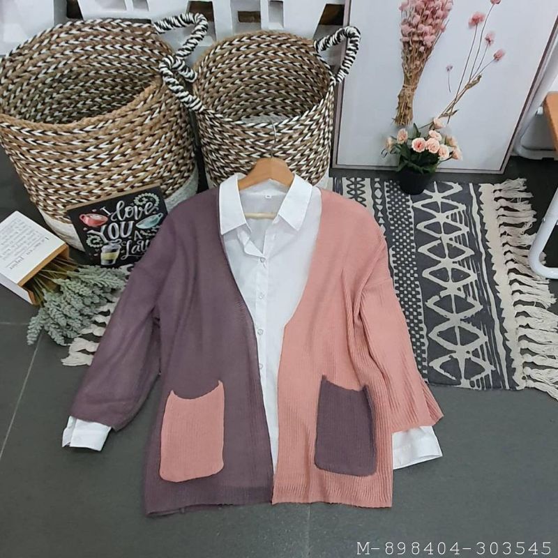JAKET RAJUT WANITA TWO TONE JAKET MURAH JAKET KOREA CARDIE OVERSIZE