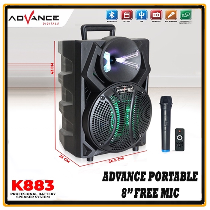 Speaker Aktif Portable Advance K883 8 inch Bluetooth Mic Wireless BERGARANSI RESMI 1 TAHUN MANTAP