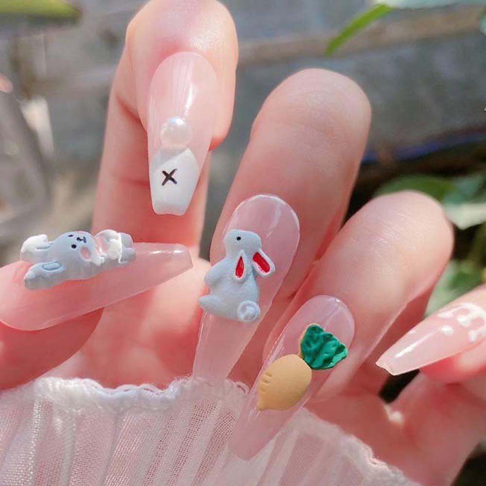 AUGUSTINA Augustina Kelinci Dekorasi Kuku Wanita Putih Pesona Kuku Nail Art Perhiasan Alloy Manicure Aksesoris