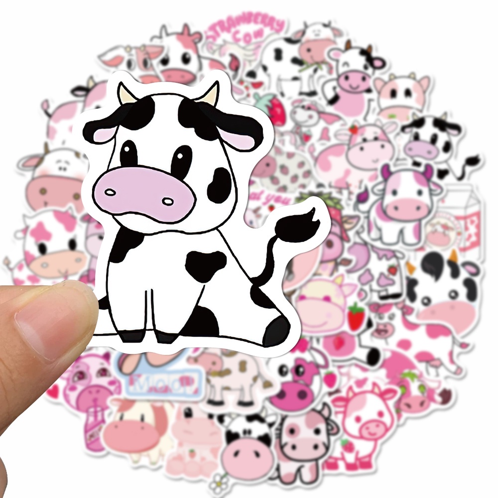 50pcs Stiker Kartun Sapi Pink Lucu Anti Air Untuk Dekorasi Laptop / Gelas Air / Gitar