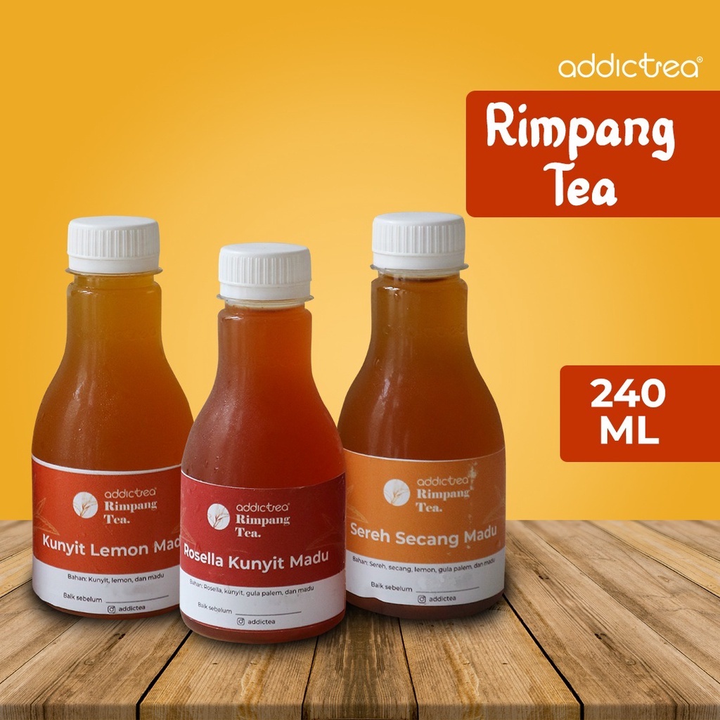 

Addictea Jamu Rimpang Minuman Botol Kekinian (kunyit,sereh,secang,rosella) 240ml