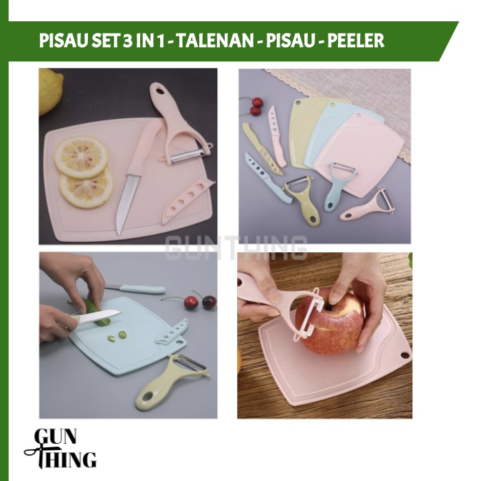 Pisau Set Ceramic 3 in 1 Talenan Pisau Peeler/Pengupas Buah Ceramic warna RANDOM, MURAH