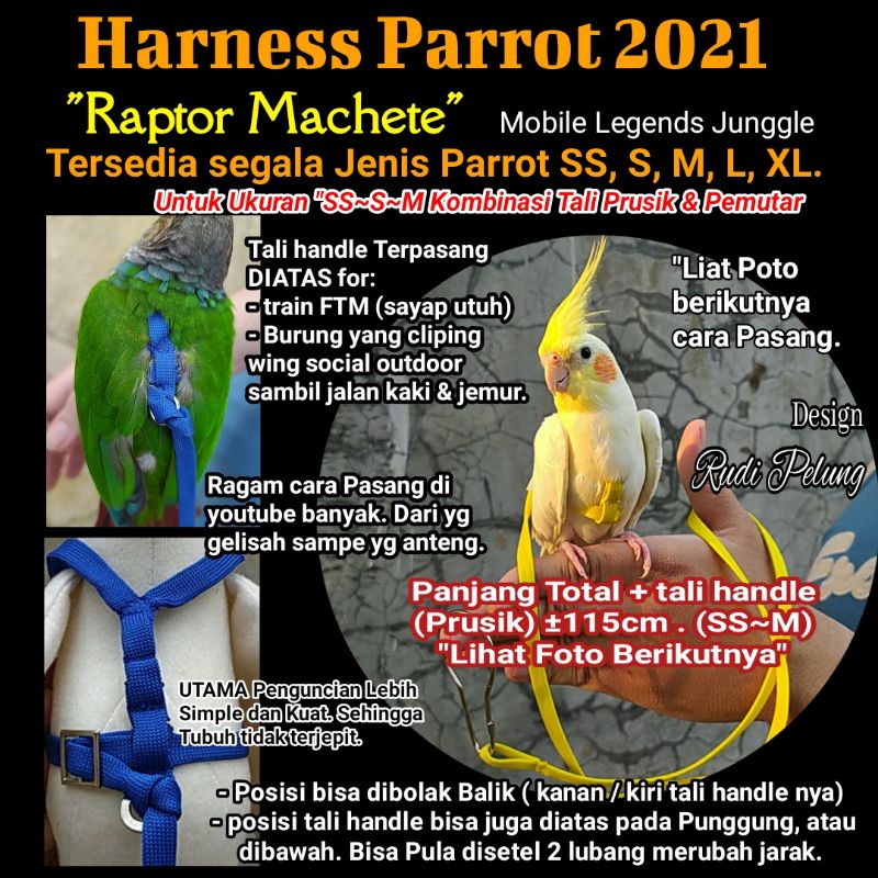 Harness Ukuran S untuk Burung Cockatiel, Lovebird, Nuri Pelangi, YSC, dan Jalak - Aman dan Nyaman