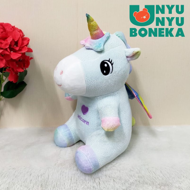 Boneka Sitting Unicorn Gliter Sayap Hati Size 22cm/35cm/kudaterbang