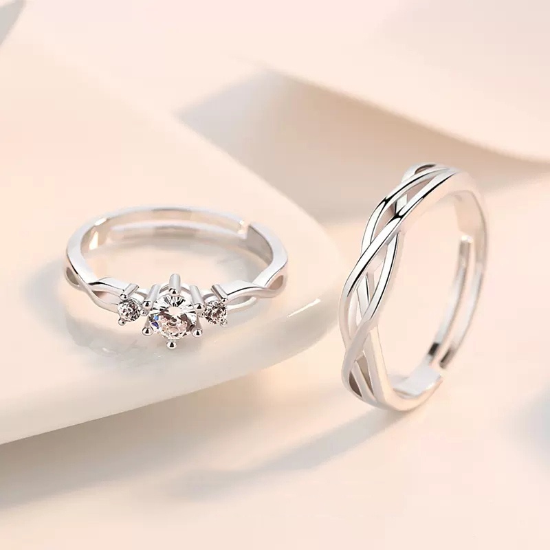 2pcs Cincin Silver Hias Kristal Sparkling Untuk Wanita