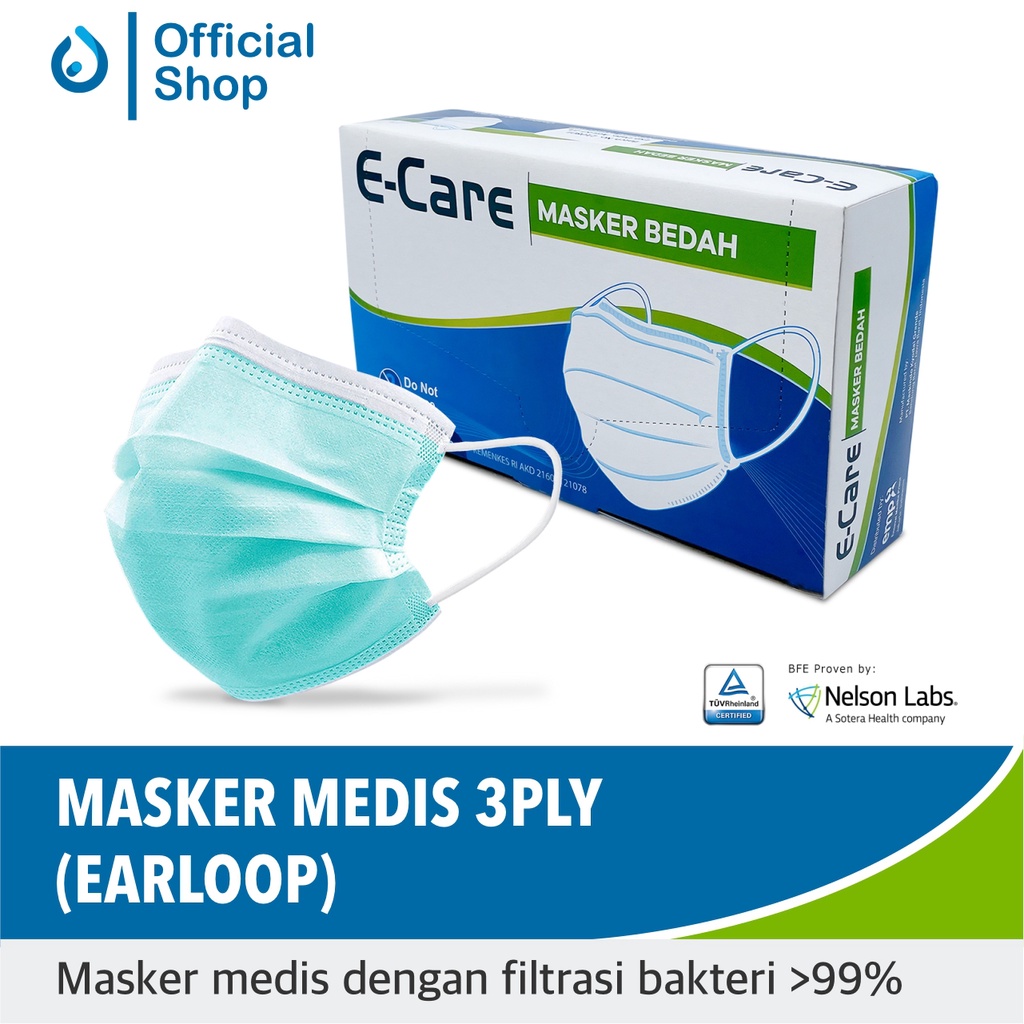 Masker Medis 3Ply (Earloop) E-Care 30pcs, BFE 99% by Nelson Labs.