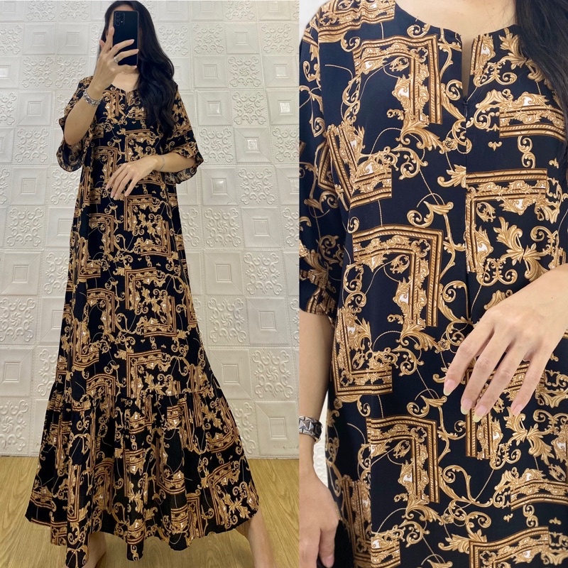 daster MONA tangan 3/4 PB 130cm /daster panjang rempel tangan 3/4  JUMBO premium sleting /busui/rempel tangan 3/4/ tangan pendek/ tali grosir ecer SEMATA KAKI RAYON-Mona V,ersace