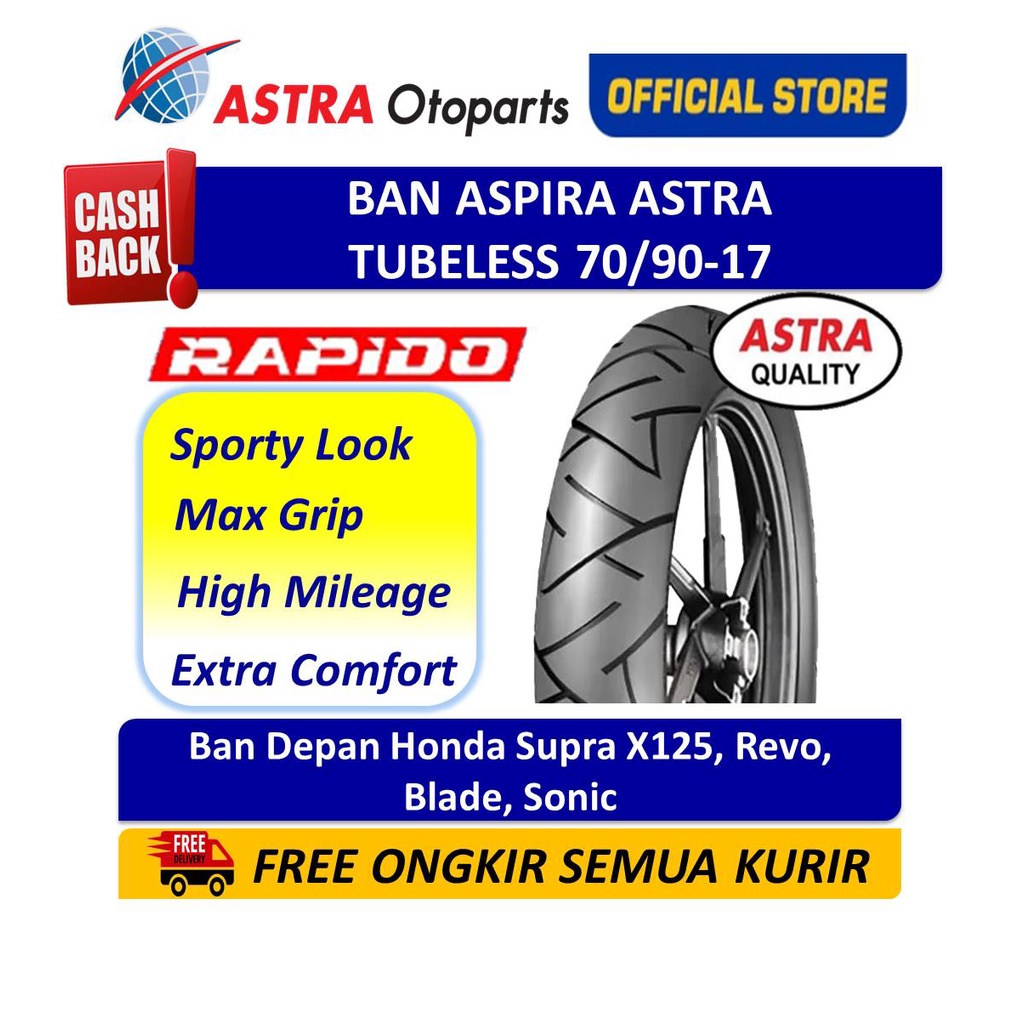 Ban Aspira Maxio Rapido Tubeless 70/90-17 Ban Depan Supra X-125, Sonic 150R, Yamaha Vega, Revo