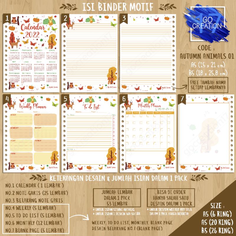 

Buku Planner isi Kertas Binder Motif Autumn Animals 01 Premium A5 ring 20 dan A5 ring 6