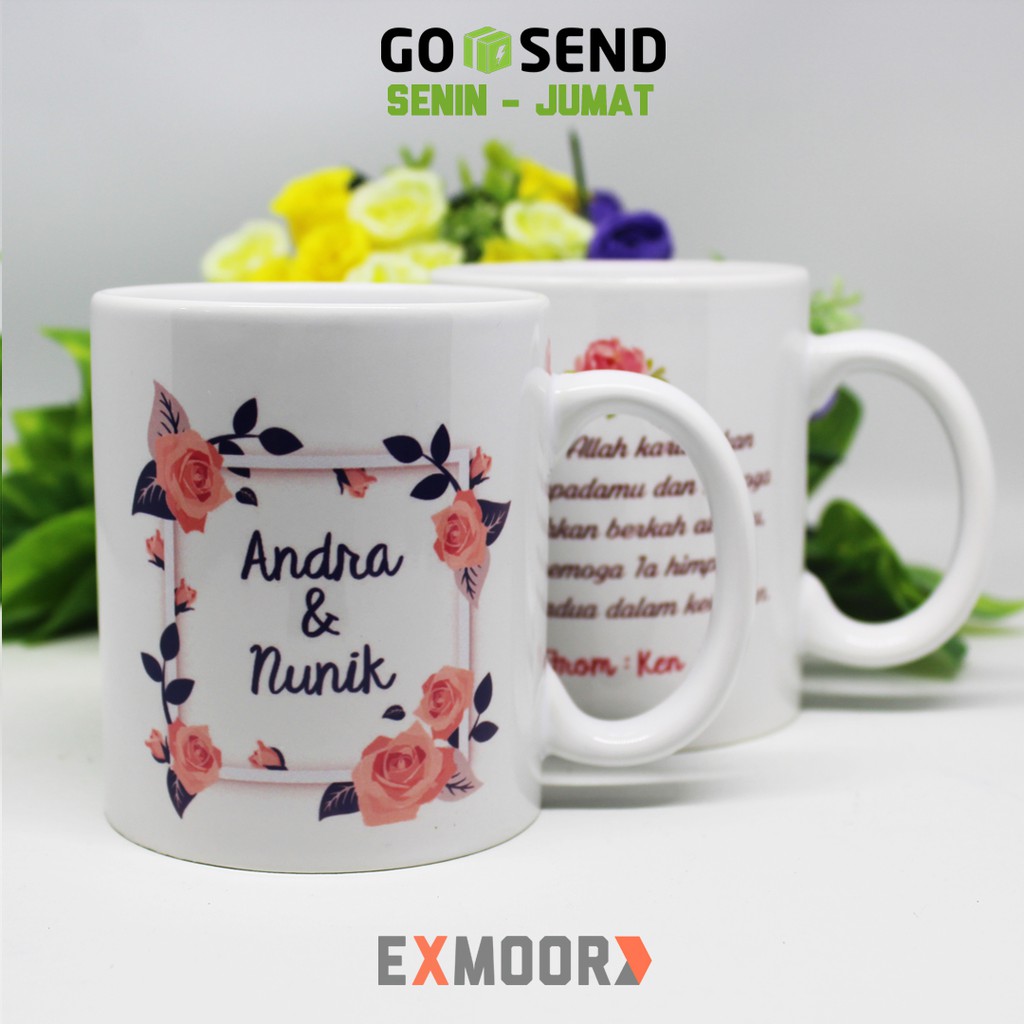 Mug Couple Wedding Floral Wreath Model C Kado Pernikahan