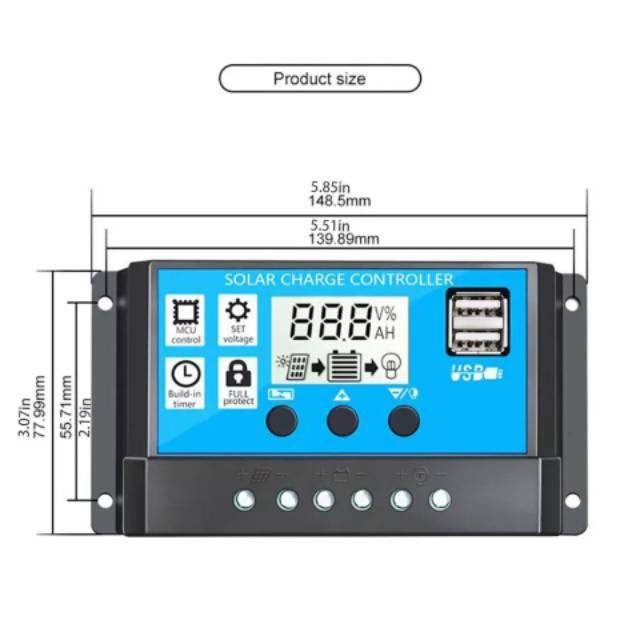 Solar Charge PWM Auto Controller 12v 24v LCD Dual Port usb Panel Surya