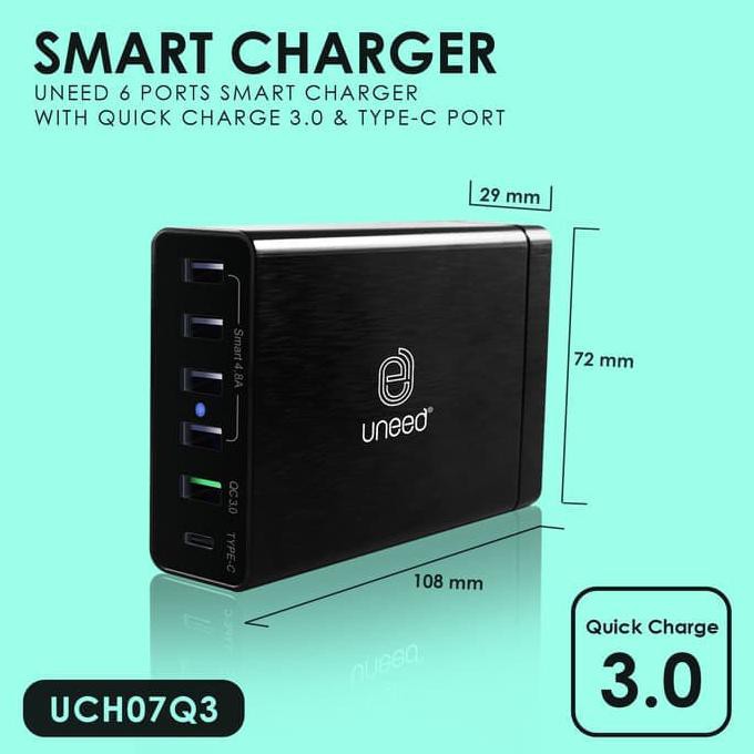 NEW- UNEED Smart Travel Charger 6 Port Qualcomm Quick Charge 3.0 - UCH07Q3
