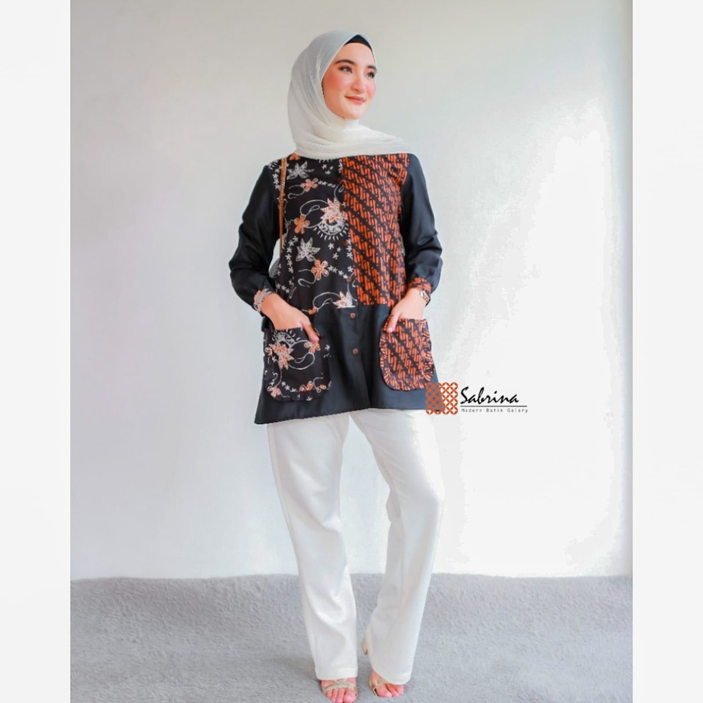 Malvi Blouse Batik Cap Kombinasi Cantik Elegan Busui Tangan Panjang