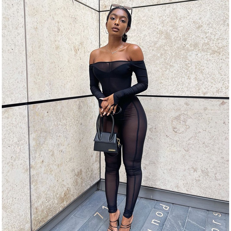 Sexy Black Mesh Jumpsuit Clubwear Rave See Through Off Shoulder Long Sleeve Bodycon One Piece Outfit