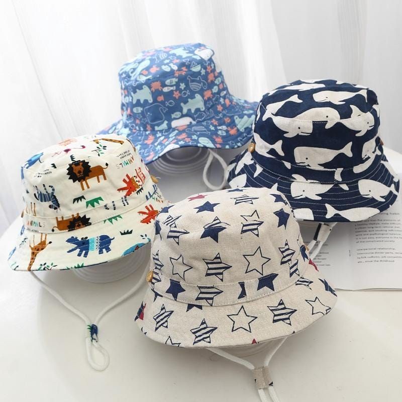 Bucket hat baby Topi pantai pelindung matahari bayi motif printing lucu