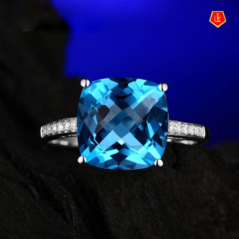 [Ready Stock]Women's Fashionable Simple High-End Blue Topaz Open Ring