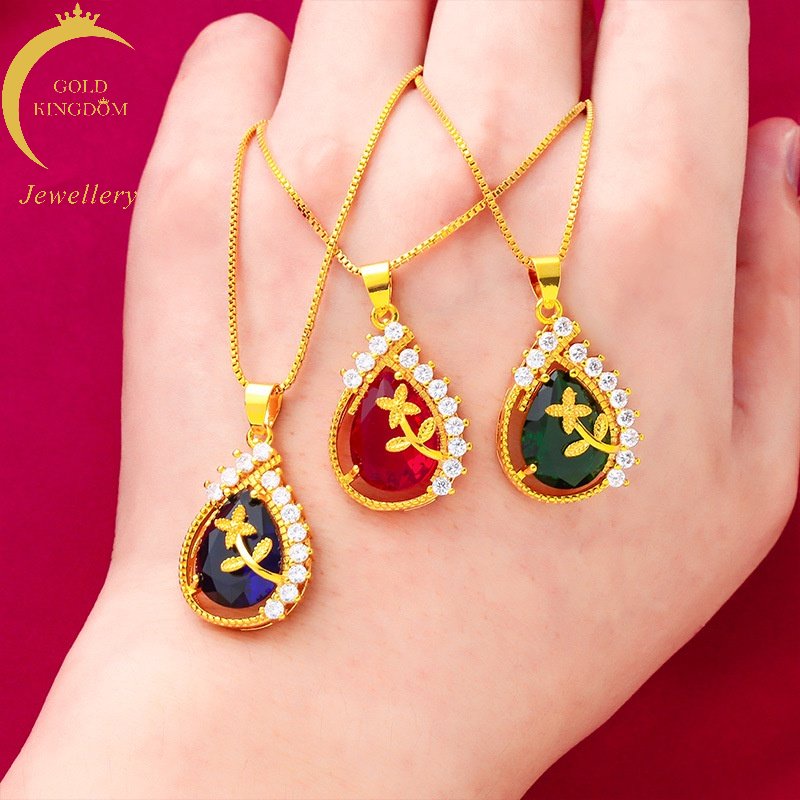 Set Perhiasan Liontin Bunga Drop Zircon Ruby Emerald 24K Lapis Emas Untuk Aksesoris Wanita Sapphire
