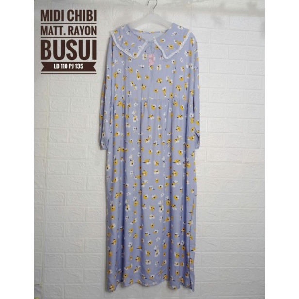 DRESS RAYON KERAH CILBI | MIDI CHIBI BUSUI MOTIF BUNGA KECIL | GAMIS