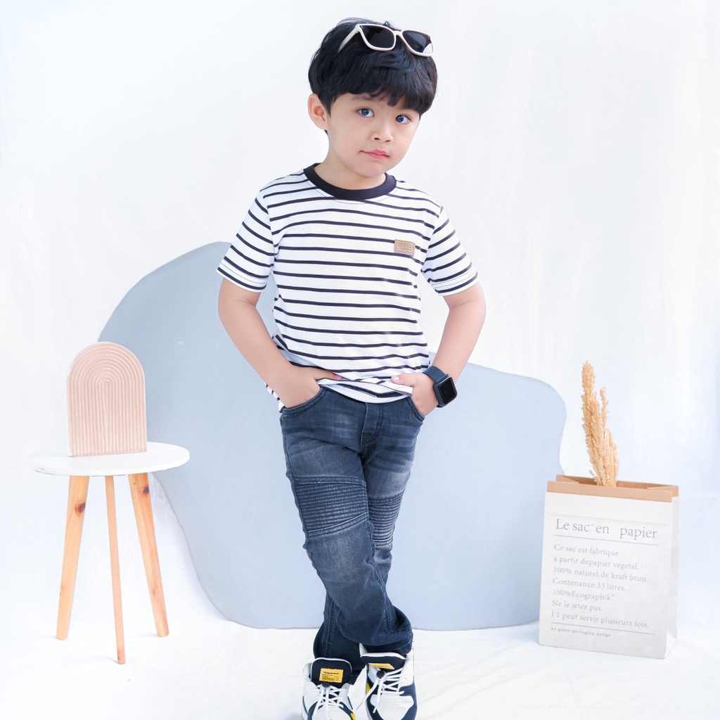 Kaos Stripe Garis Anak Laki Laki Perempuan Branded Unisex Original Premium | Mevla Kids - Uzuki White