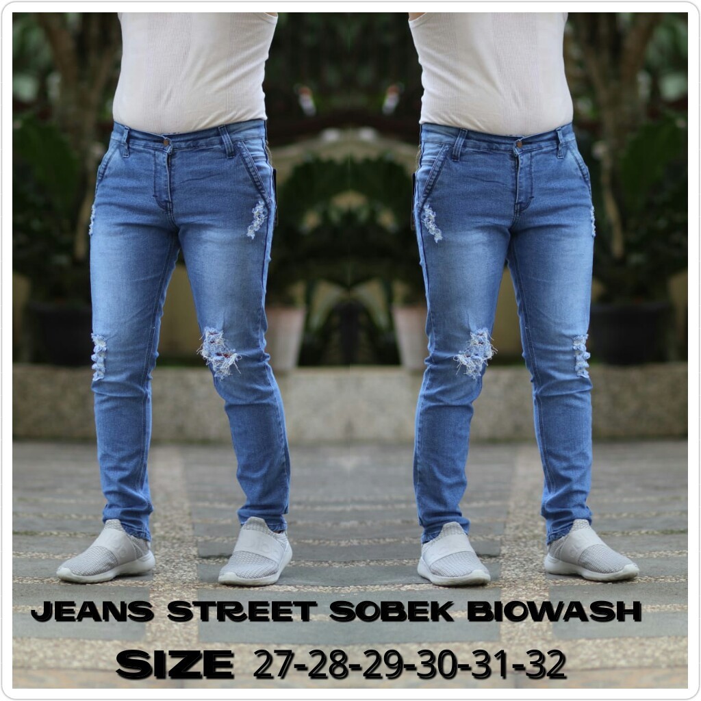 Celana Jeans Pria Skinny Biker Motor Ripped Knee Rips Sobek Robek Black Denim Streact Berkualitas S0