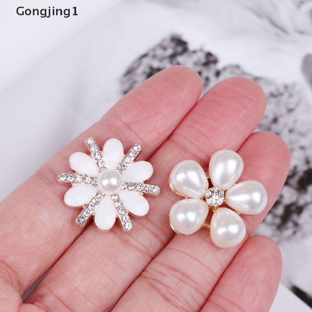 Gongjing1 10pcs Kancing Mutiara + Berlian Imitasi Flatback Untuk Kerajinan Tangan