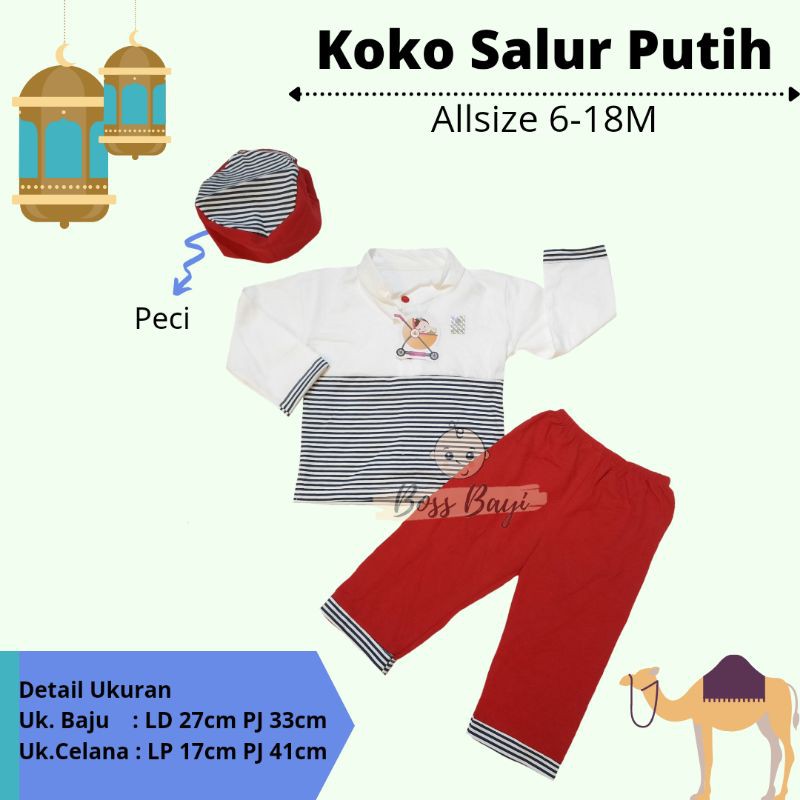 Setelan Koko Peci Bayi Anak Salur Putih 6-18bulan / Baju Lebaran Anak Laki Laki