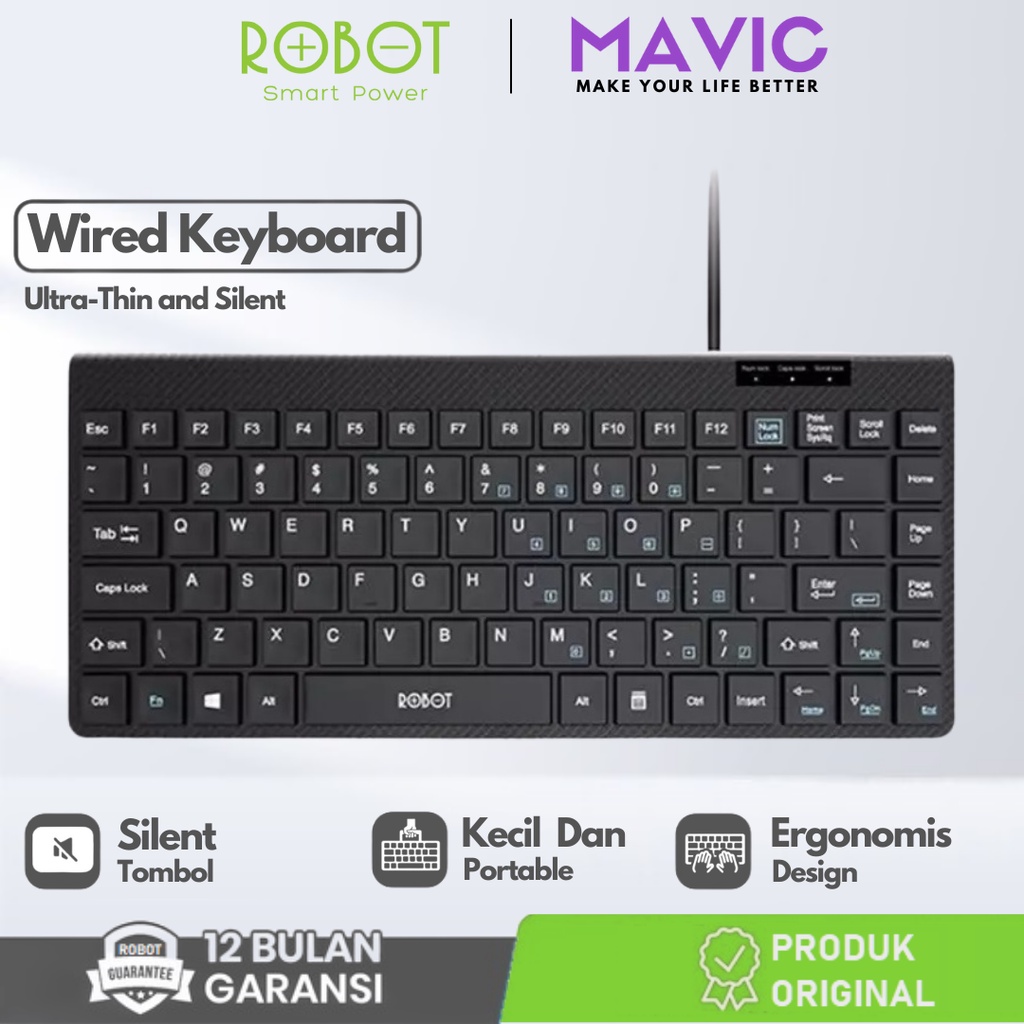 ROBOT RK10 Keyboard  Portable Mini Wired Ultra-Thin Tombol Silent - Garansi Resmi 1 Tahun