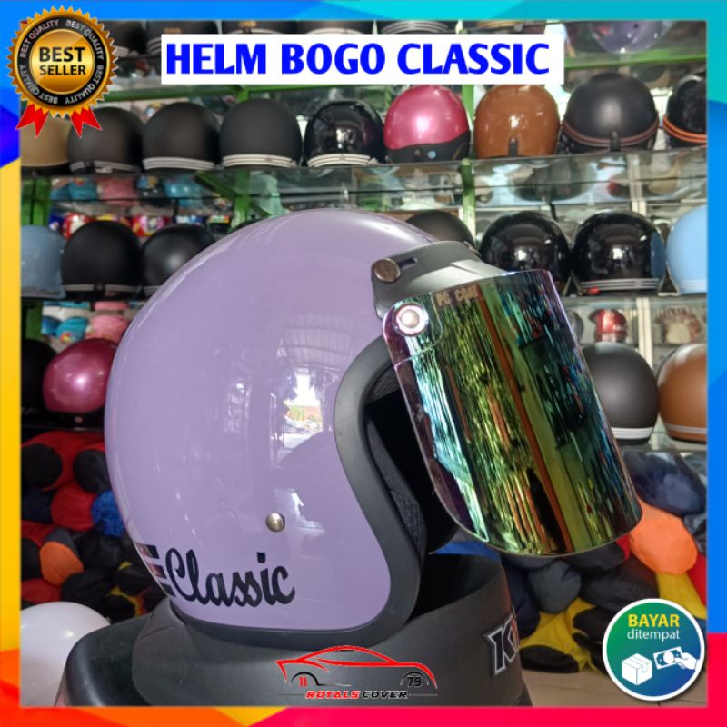 HELM BOGO CLASSIK GARIS TIGA KACA DATAR HELM BOGO DEWASA FULL LEHER CEWEK COWOK