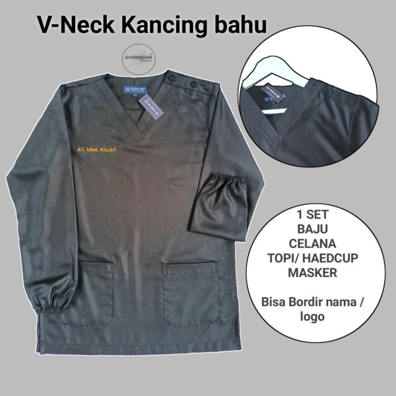 Baju Jaga Lengan panjang, scrubs, baju ok, model kancing bahu