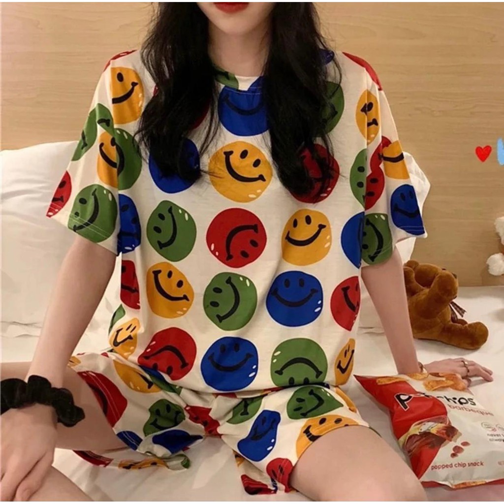 Baju Tidur Piyama Set/Piyama Wanita Import/Baju Piyama Pendek/Short Sleep Wear-K4-Putih Smiley