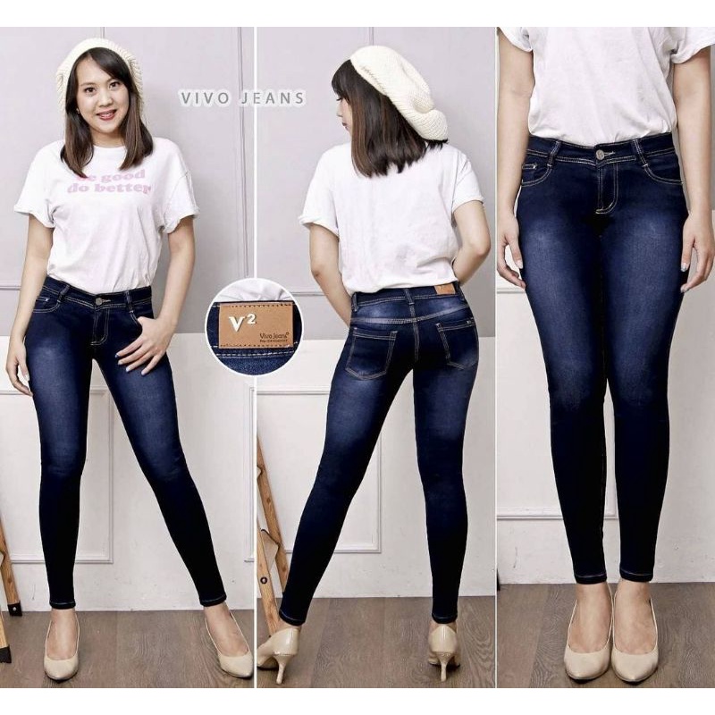 VIVO jeans Celana panjang jeans stretch medium waist celana jeans skinny wanita/celana jeans import/