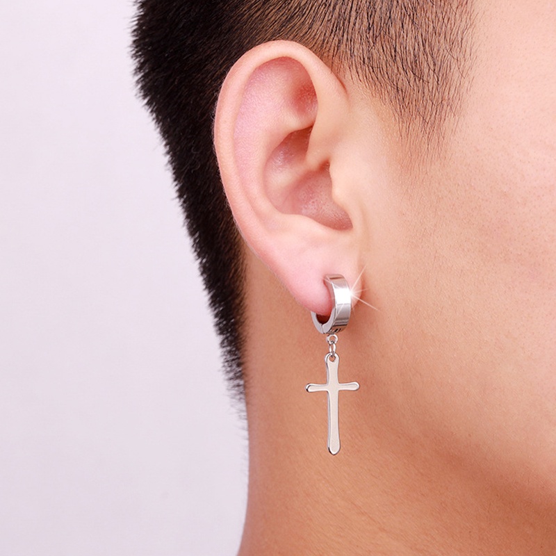 One Piece Versi Korea Non-alergi Stainless Steel Cross Anting-Anting Pria Hip-Hop Hitam Jalan Gothic Punk Anting-Anting