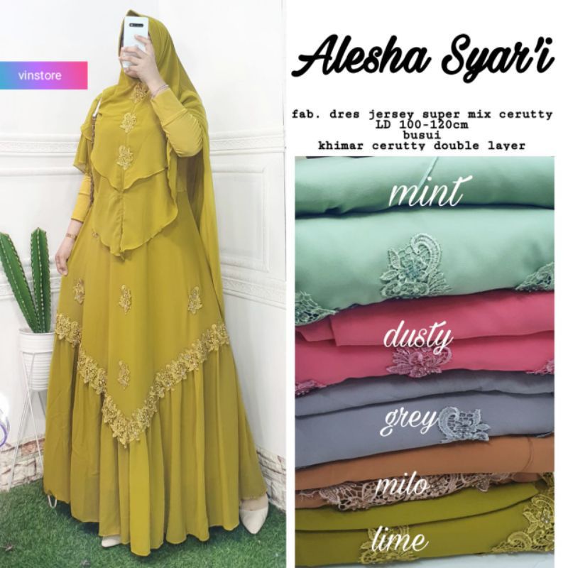 Alesha Syar'i//Syar'i Gamis Wanita//Syar'i Ceruty Set Hijab