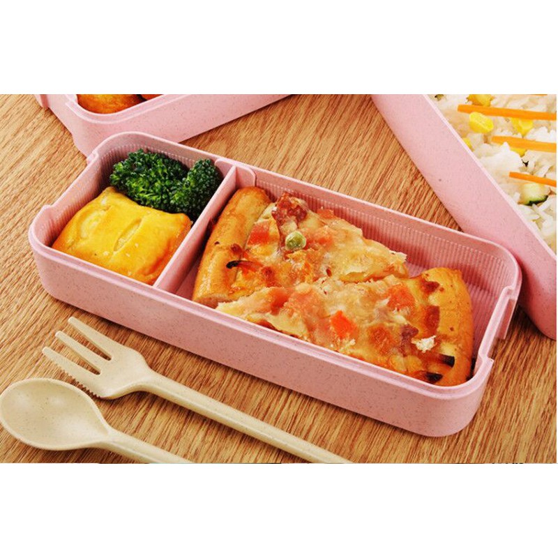 kotak penyimpanan/Kotak Makan 3 Layer Healthy Bento Lunch Box 900ml with Spoon &amp; Fork - Green