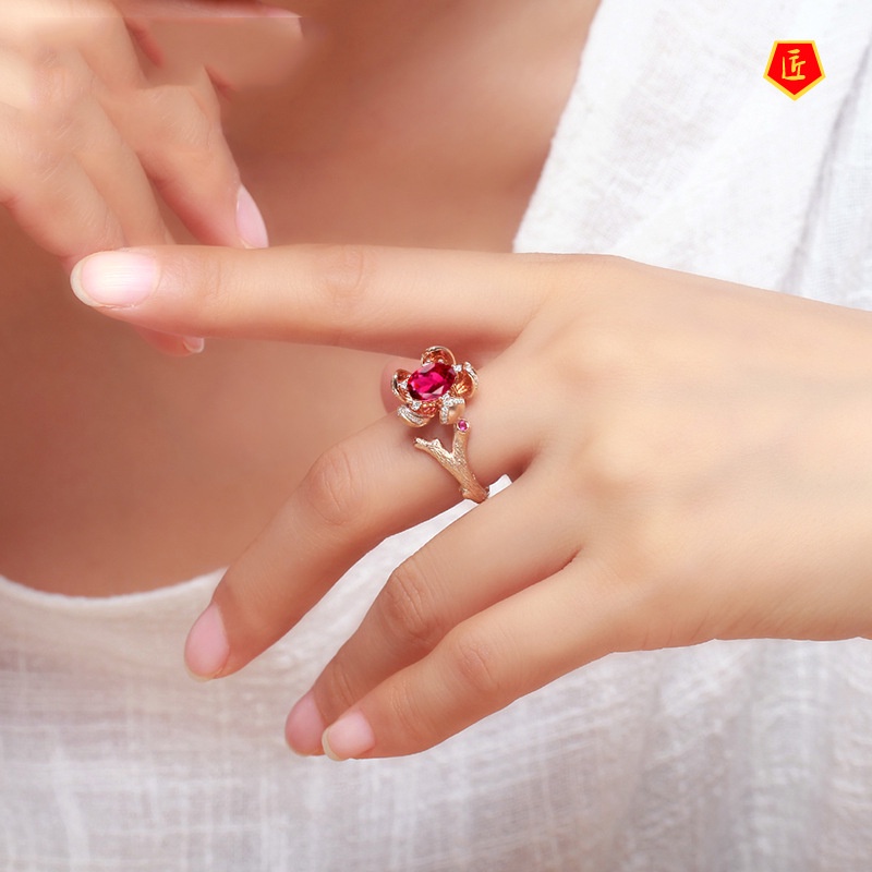 [Ready Stock]Creative Flowers Red Tourmaline Ring 18K Rose Gold