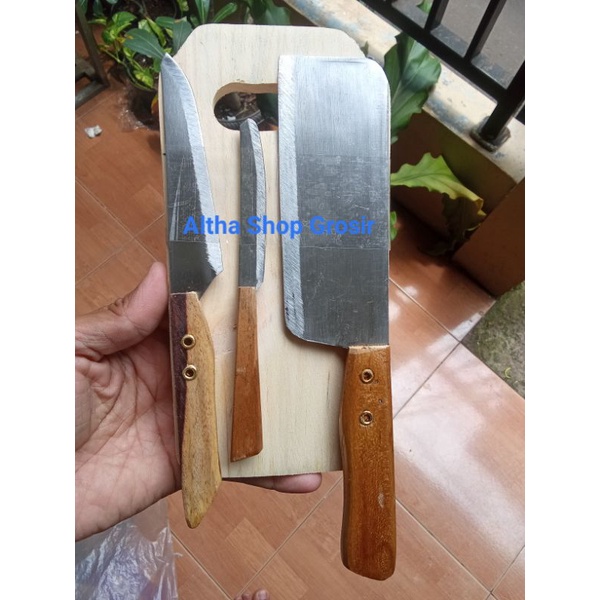 3 Set Pisau Golok + Talenan Kayu Tebal