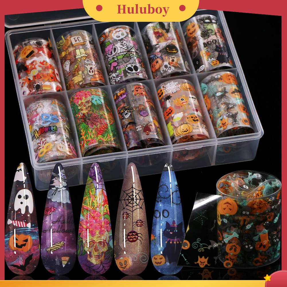 Huluboy Huluboy♡ 10 Lembar Stiker Kuku Foil Transfer Motif Halloween Untuk Dekorasi Manicure